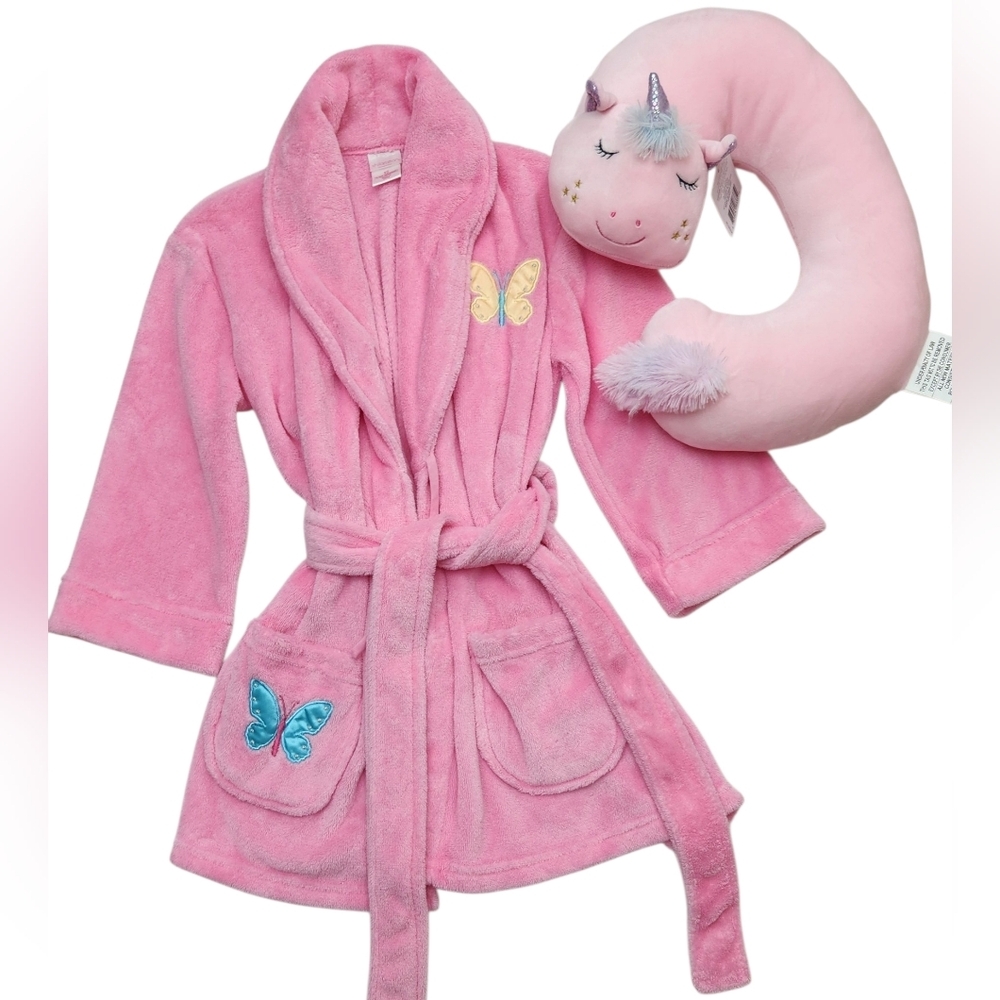 Target Pink Kids Robe with Butterfly Accents And Unicorn Neck Pillow